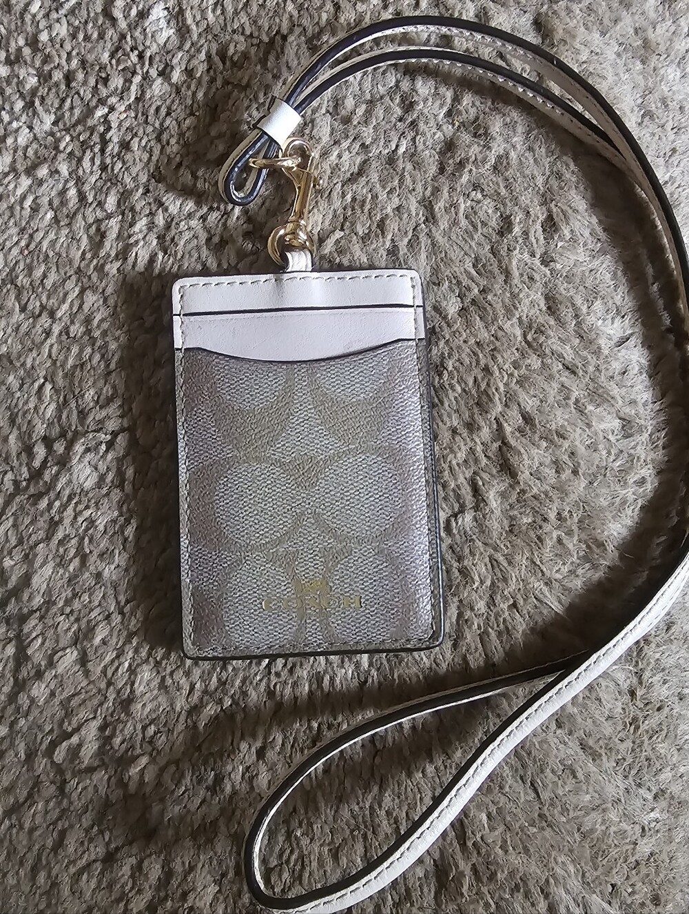 Coach Signature Lanyard Card Holder in Light Gray & White